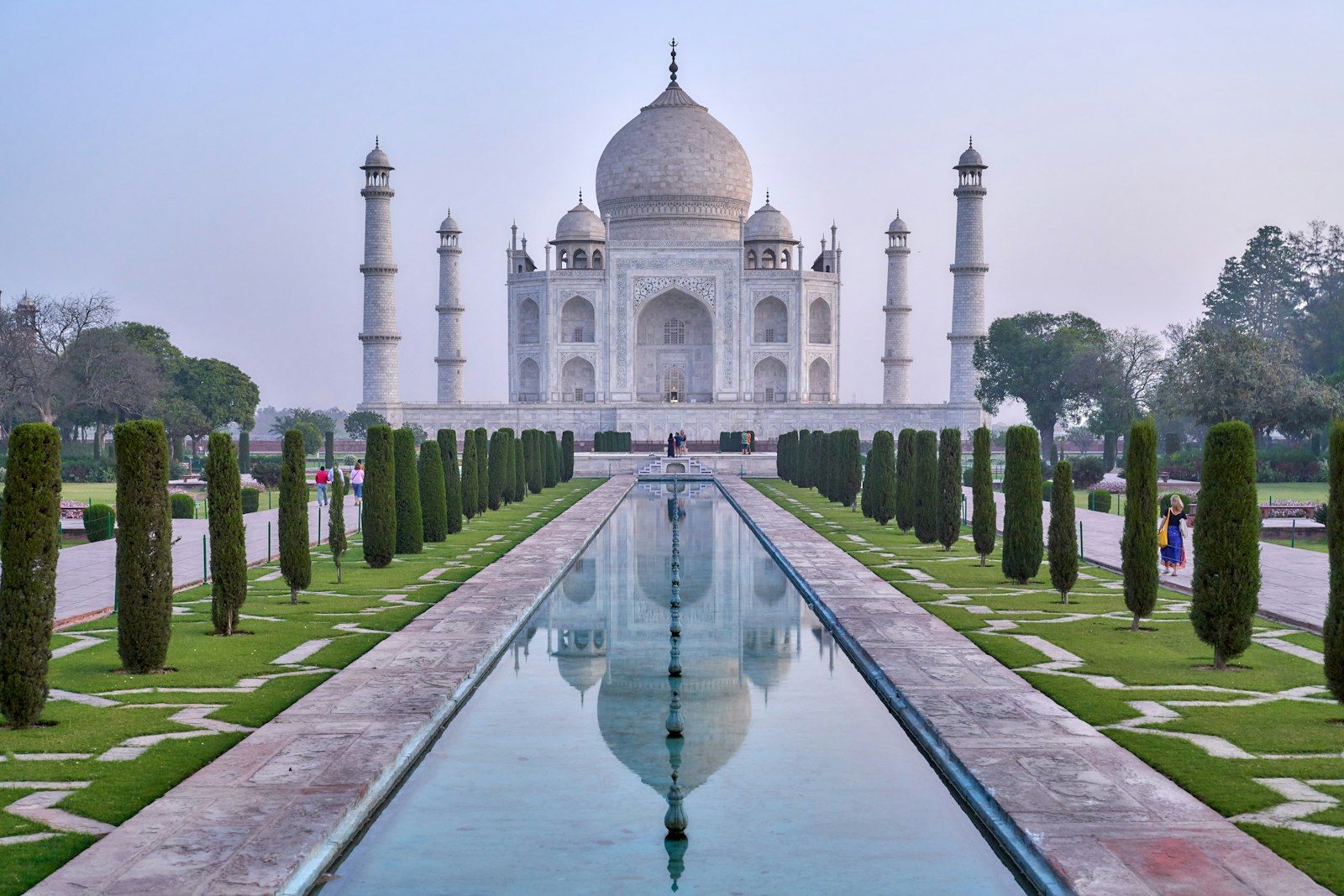 Taj Mahal reflected in its long garden pool